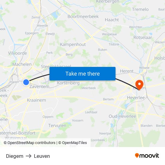Diegem to Leuven map