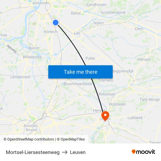 Mortsel-Liersesteenweg to Leuven map