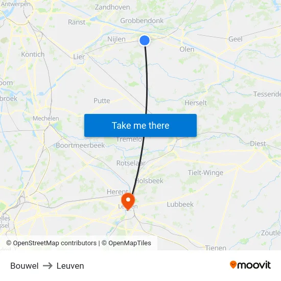 Bouwel to Leuven map