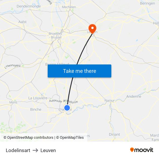 Lodelinsart to Leuven map