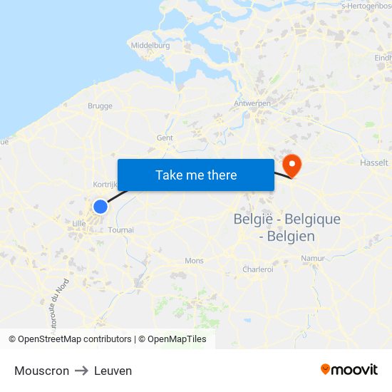 Mouscron to Leuven map