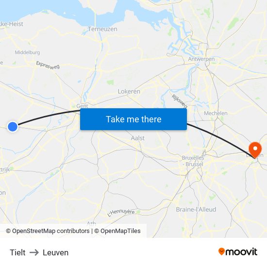 Tielt to Leuven map