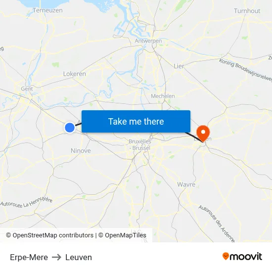 Erpe-Mere to Leuven map