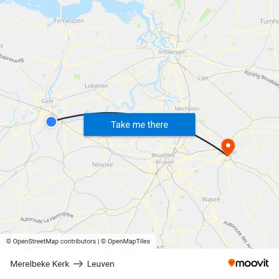 Merelbeke Kerk to Leuven map
