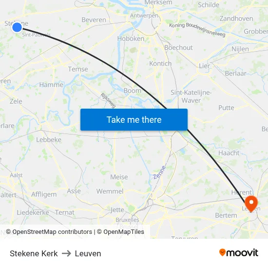 Stekene Kerk to Leuven map