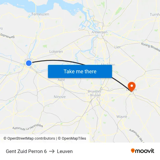 Gent Zuid Perron 6 to Leuven map