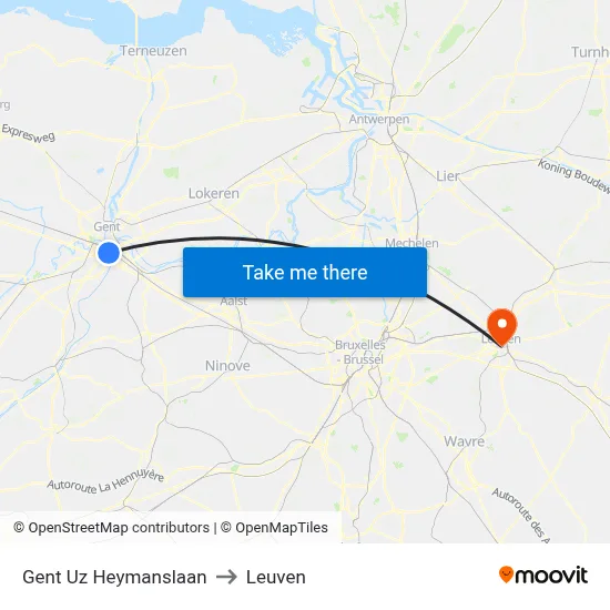 Gent Uz Heymanslaan to Leuven map