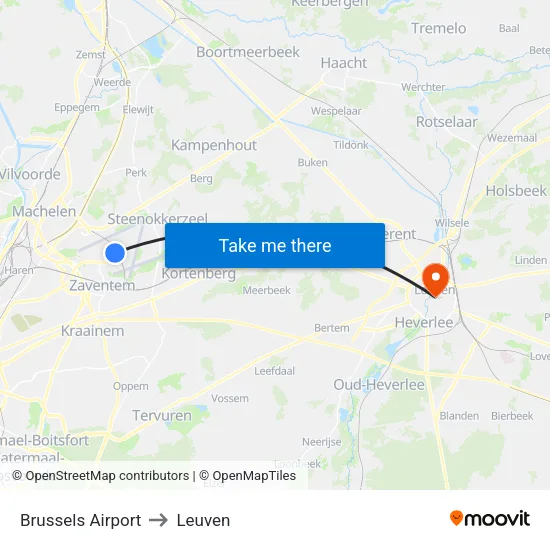 Brussels Airport to Leuven map
