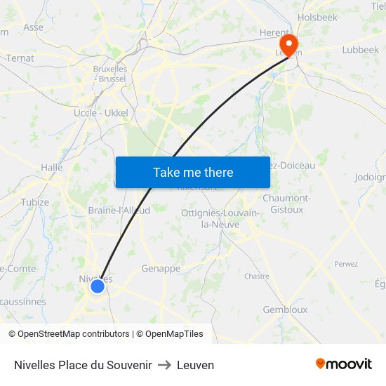 Nivelles Place du Souvenir to Leuven map