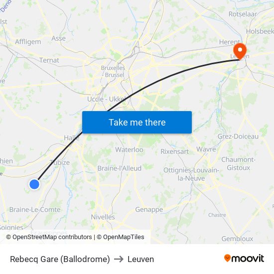 Rebecq Gare (Ballodrome) to Leuven map