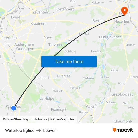Waterloo Eglise to Leuven map