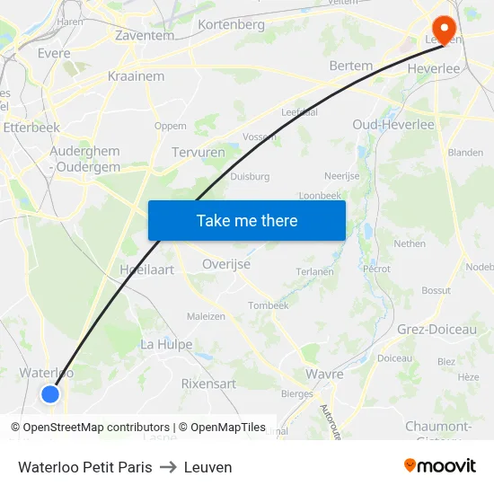 Waterloo Petit Paris to Leuven map
