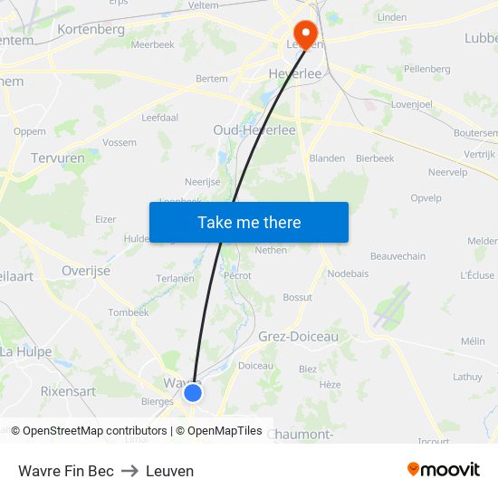 Wavre Fin Bec to Leuven map