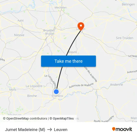 Jumet Madeleine (M) to Leuven map