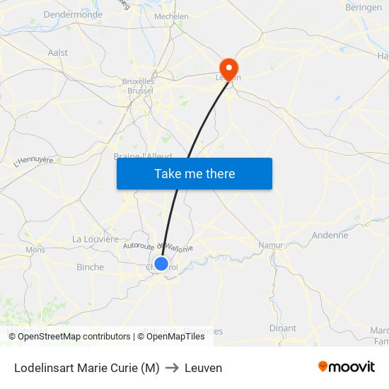 Lodelinsart Marie Curie (M) to Leuven map