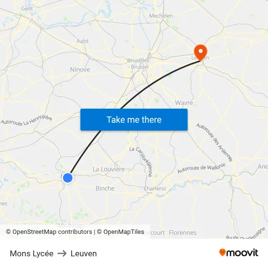 Mons Lycée to Leuven map