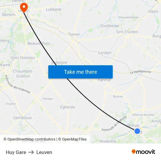 Huy Gare to Leuven map