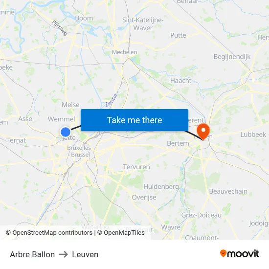 Arbre Ballon to Leuven map