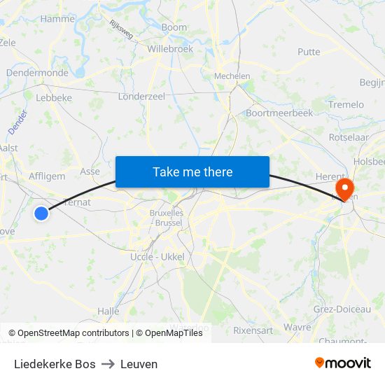 Liedekerke Bos to Leuven map