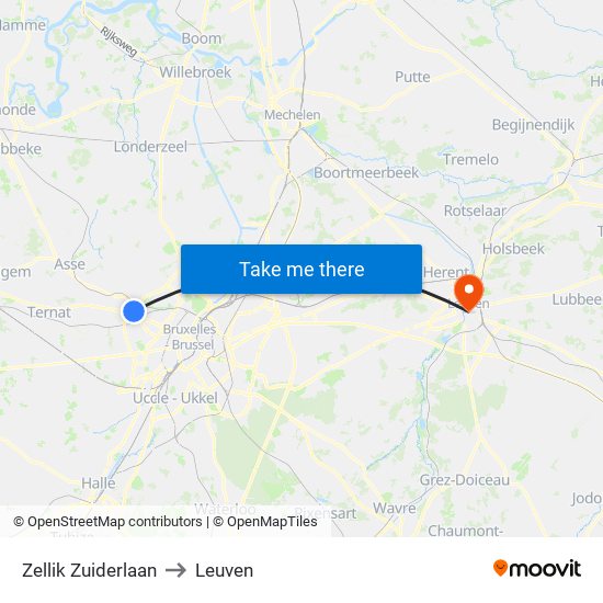 Zellik Zuiderlaan to Leuven map