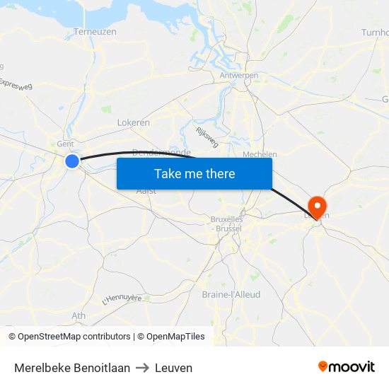 Merelbeke Benoitlaan to Leuven map