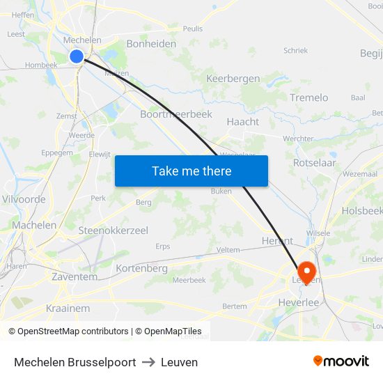 Mechelen Brusselpoort to Leuven map