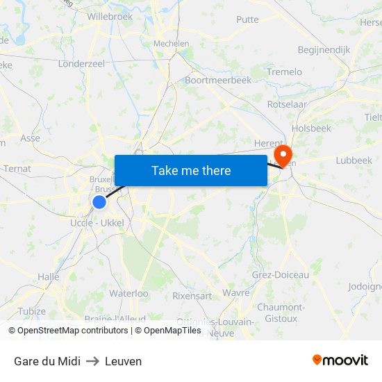 Gare du Midi to Leuven map