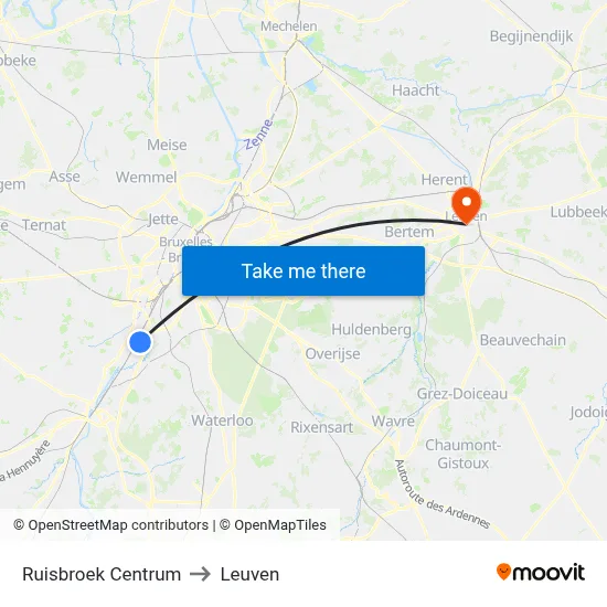 Ruisbroek Centrum to Leuven map