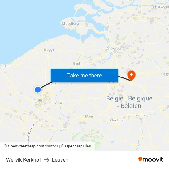 Wervik Kerkhof to Leuven map