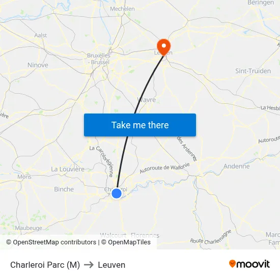 Charleroi Parc (M) to Leuven map