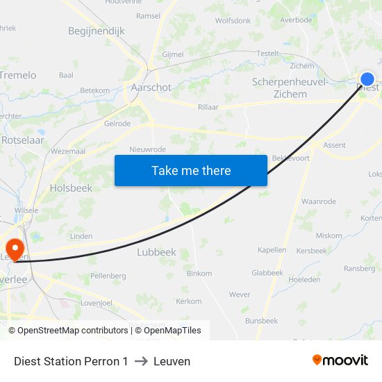 Diest Station Perron 1 to Leuven map
