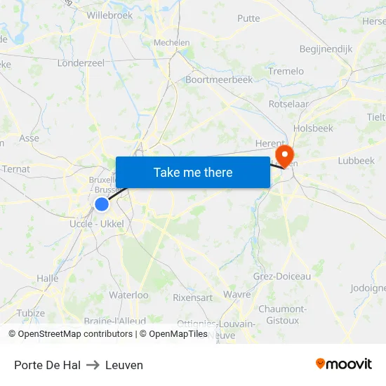 Porte De Hal to Leuven map