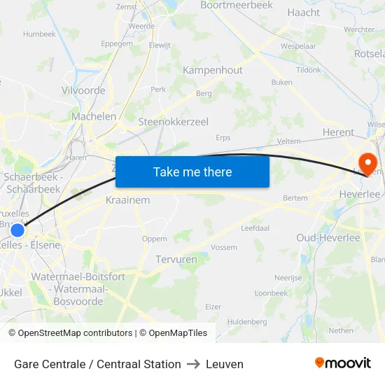 Gare Centrale / Centraal Station to Leuven map