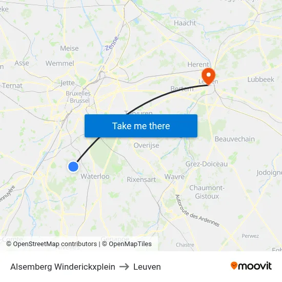 Alsemberg Winderickxplein to Leuven map