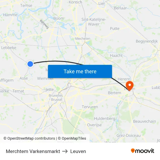 Merchtem Varkensmarkt to Leuven map
