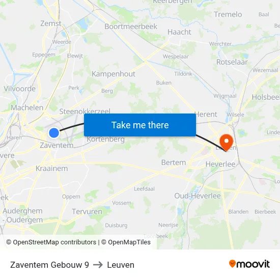 Zaventem Gebouw 9 to Leuven map