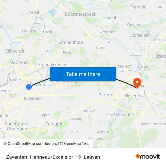 Zaventem Henneau/Excelsior to Leuven map