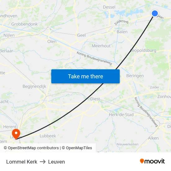Lommel Kerk to Leuven map