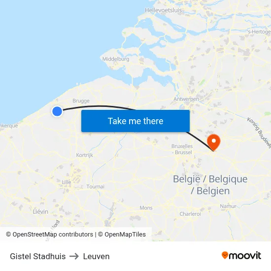 Gistel Stadhuis to Leuven map