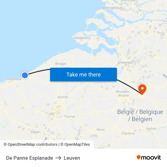 De Panne Esplanade to Leuven map