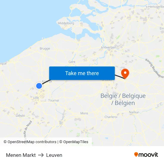 Menen Markt to Leuven map