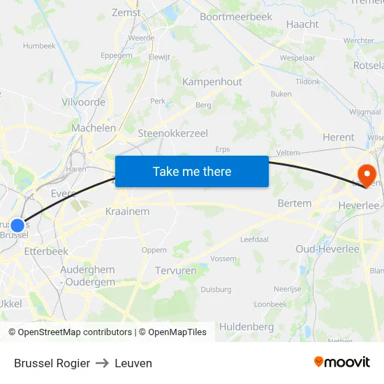 Brussel Rogier to Leuven map