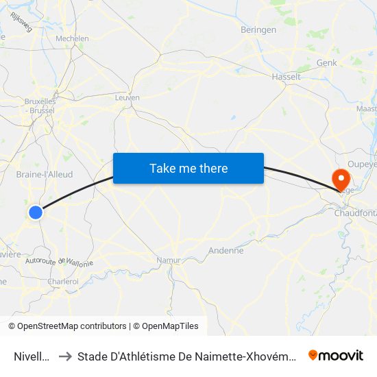 Nivelles to Stade D'Athlétisme De Naimette-Xhovémont map