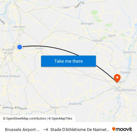 Brussels Airport-Zaventem to Stade D'Athlétisme De Naimette-Xhovémont map
