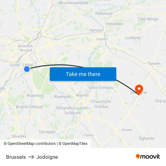 Brussels to Jodoigne map