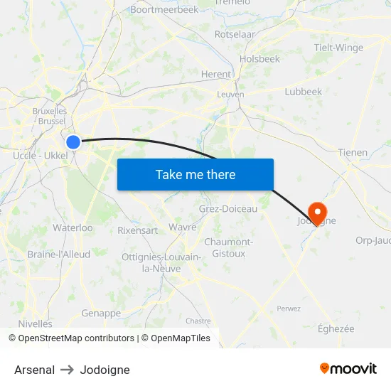 Arsenal to Jodoigne map