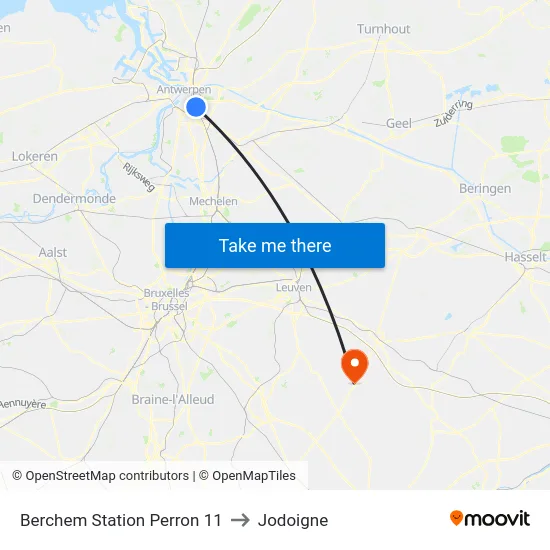 Berchem Station Perron 11 to Jodoigne map