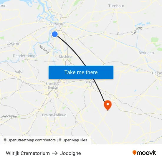 Wilrijk Crematorium to Jodoigne map
