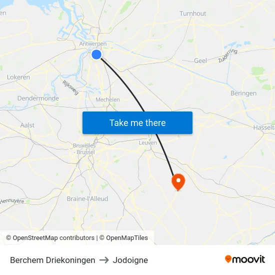 Berchem Driekoningen to Jodoigne map