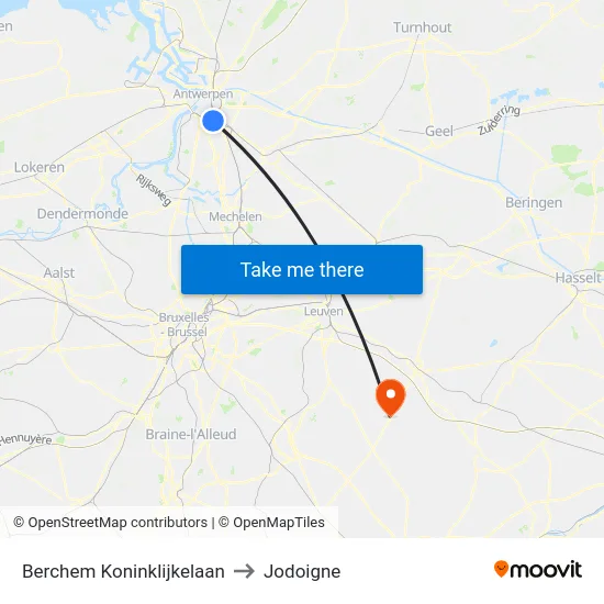 Berchem Koninklijkelaan to Jodoigne map